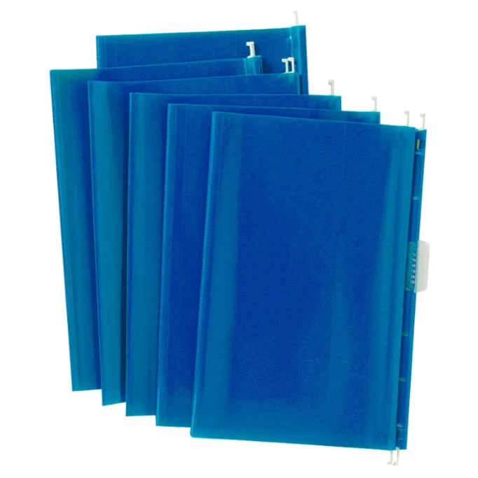 Folder colgante azul con varilla metálica marca Taydem