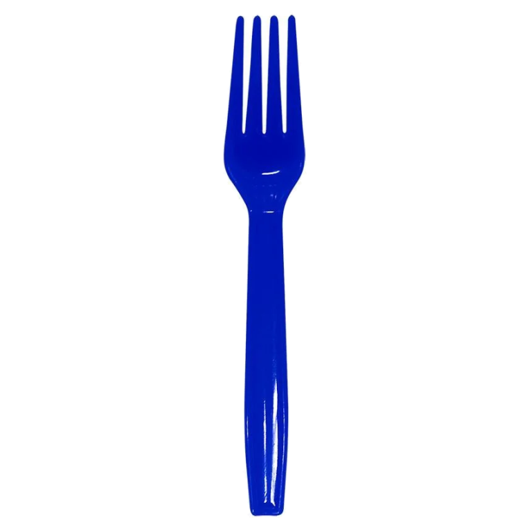 Tenedor grande de polipropileno Rumba azul, desechable para servicio de alimentos