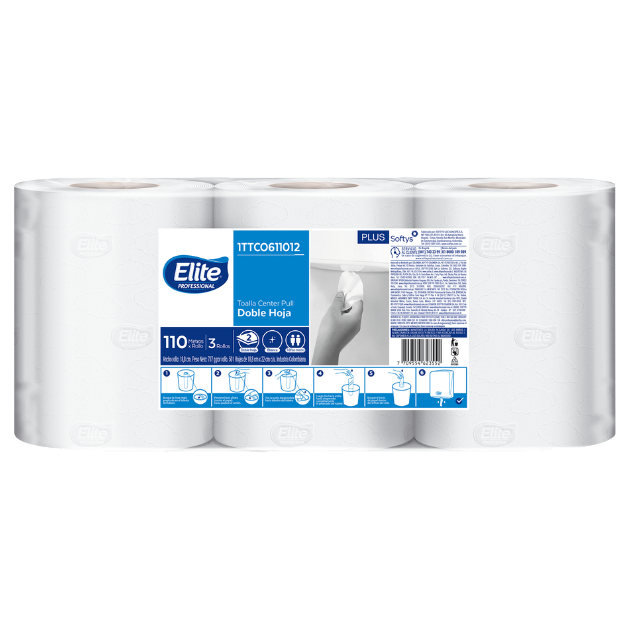 Toalla Center Flow Elite doble hoja blanca 110 metros para instituciones