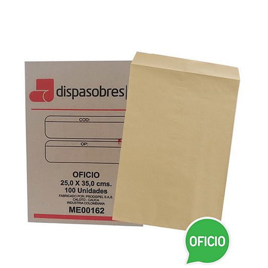 Sobre Manila Oficio tamaño 25x35 centímetros, caja x100 unidades para papelería administrativa