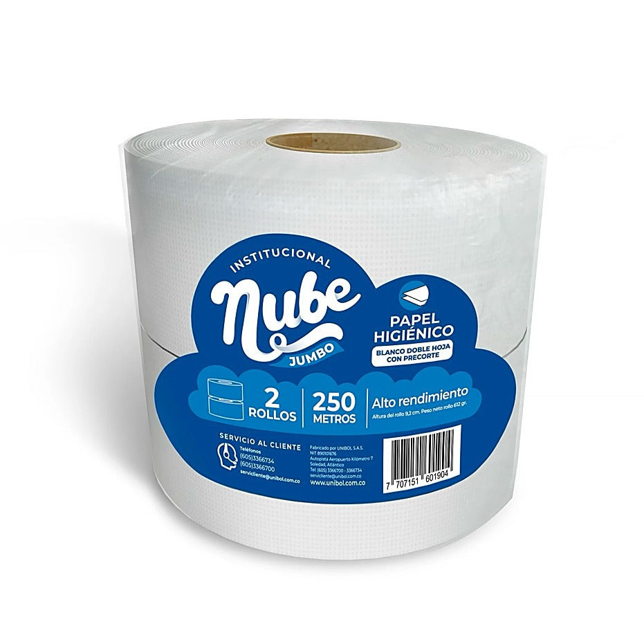 Papel higiénico jumbo blanco Nube 2 hojas 250 metros paquete x8