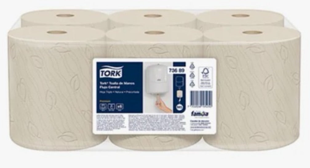 Toalla Center Flow Tork Natural Triple Hoja X 100 Metros Paca X 6 Rollos
