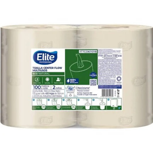 Toalla Center Flow Elite HD Natural Paca X2 Rollos 100MTS Cada Rollo