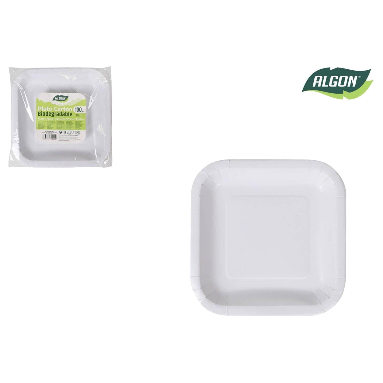 Plato cartón cuadrado blanco y negro 16 cm caja x 20 unidades