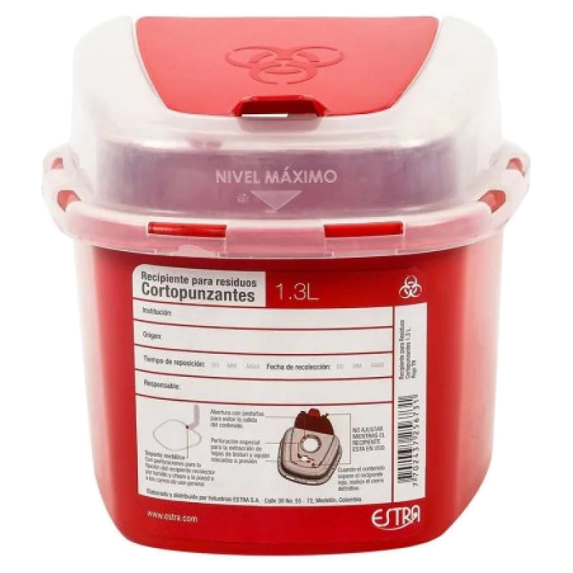 Recipiente rojo 1.3 litros para residuos corto punzantes, bioseguridad