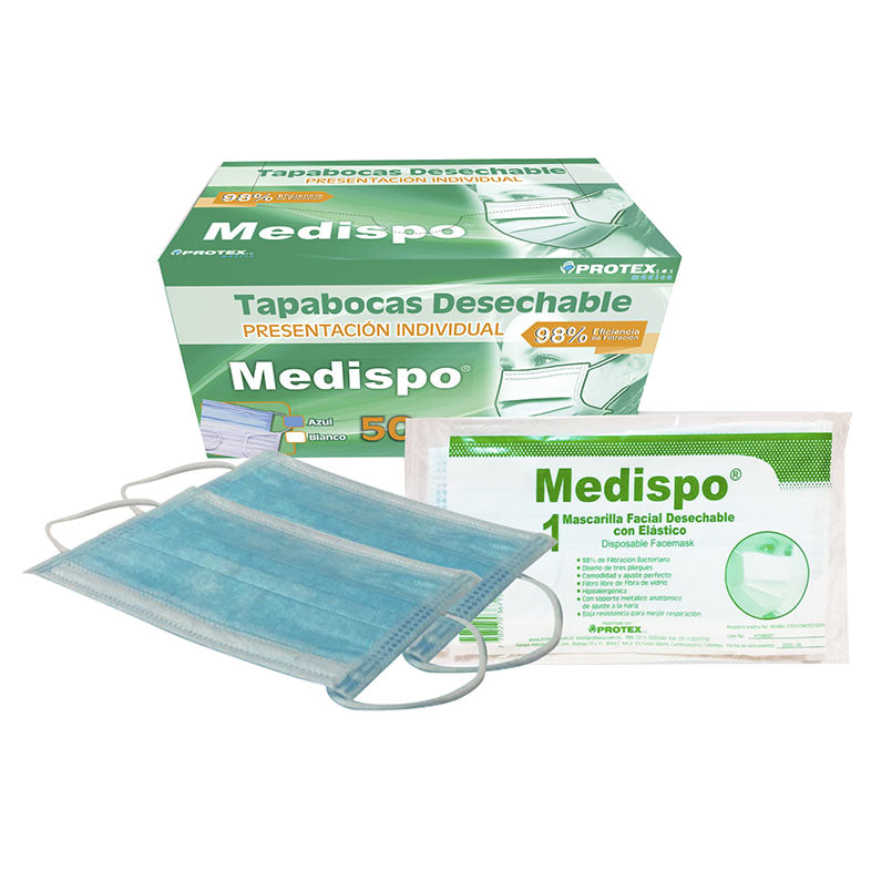 Tapabocas desechable azul Supreme Medispo, empaque display x50 unidades